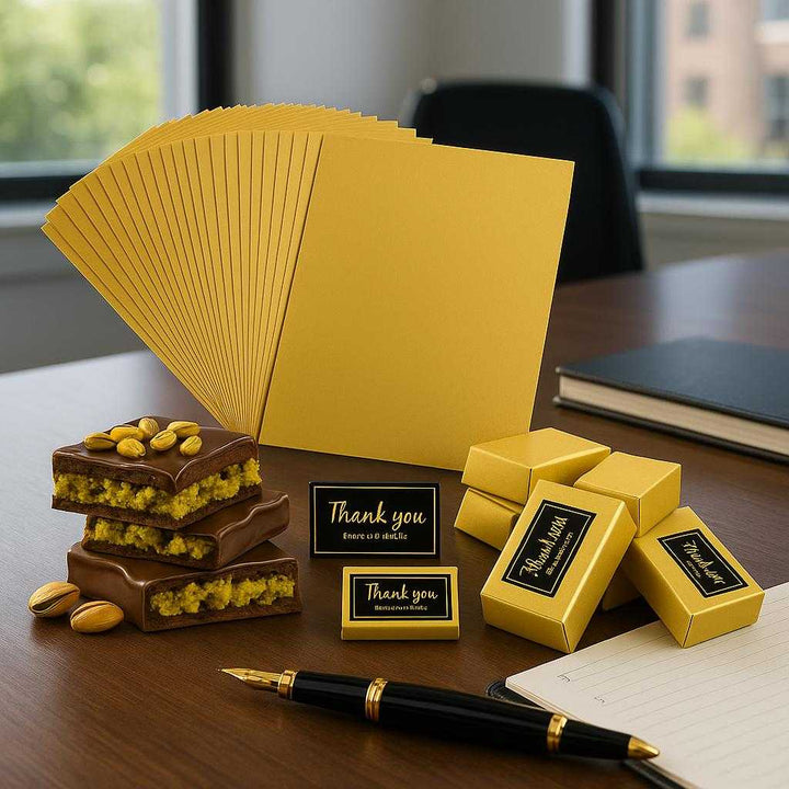 Chokolade bar indpakninger - Guld, Sort, Papir, Chokolade, Pistacienødder, 205stk, Premium præsentation: A realistic high-end office setting where the product is properly grounded on a sleek, modern desk, being naturally placed next to a luxury fountain pen and a planner, with natural lighting from a nearby window casting realistic shadows and showing clear contact points where the product touches the desk surface.