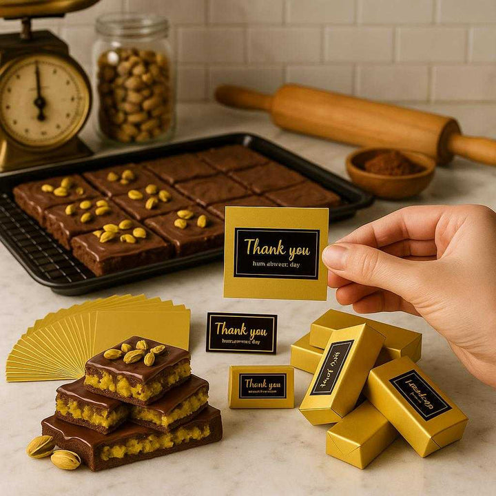 Chokolade bar indpakninger - Guld, Sort, Papir, Chokolade, Pistacienødder, 205stk, Premium præsentation: A different realistic gourmet kitchen setting where the product is securely positioned on a polished marble countertop, being used as an elegant finishing touch beside a freshly baked tray of pistachio chocolate bars, with proper physics, shadows, and realistic integration into the environment, surrounded by artisanal baking tools and ingredients.