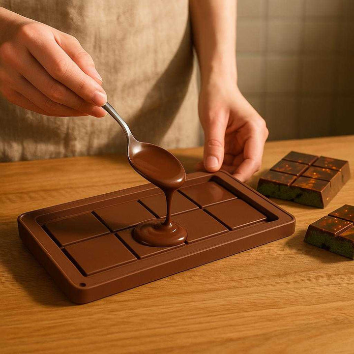 Chokolade form i silikone, fleksibel og genanvendelig, Kaffefarve, 1/2 stk: A realistic kitchen setting where the chocolate mold is properly grounded on a wooden countertop, being actively filled with melted chocolate by a person using a spoon, with natural lighting casting realistic shadows and showing clear contact points where the mold touches the surface.