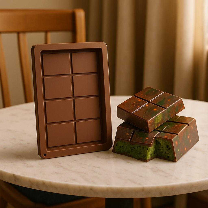 Chokolade form i silikone, fleksibel og genanvendelig, Kaffefarve, 1/2 stk: A different realistic dining room setting where the chocolate mold is securely positioned on a marble table, naturally placed next to beautifully crafted chocolate bars, with proper physics, shadows, and realistic integration into the environment, creating a sense of gourmet creativity.