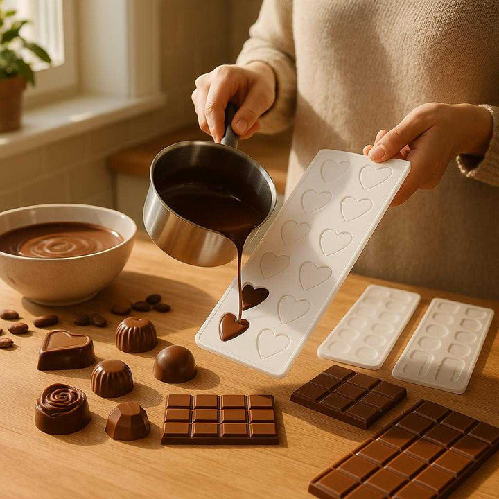 Chokolade forme i plastik og polycarbonat, genanvendelige og lette at rengøre: A realistic home kitchen setting where the chokolade forme i plastik og polycarbonat is properly grounded on a wooden countertop, being actively used by an individual who is carefully pouring melted chocolate into the molds.