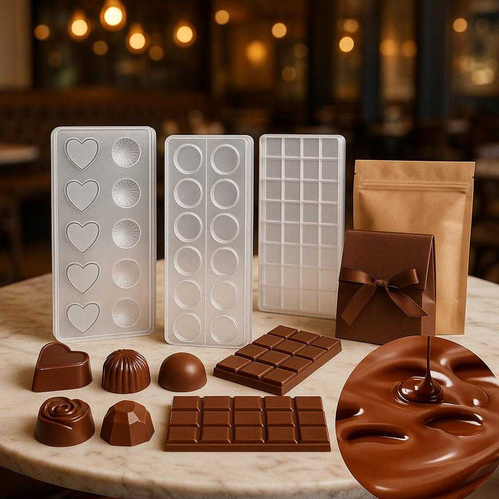 Chokolade forme i plastik og polycarbonat, genanvendelige og lette at rengøre: A different realistic café setting where the chokolade forme i plastik og polycarbonat is securely positioned on a decorative marble table, naturally placed next to a display of artisanal crafted chocolates.