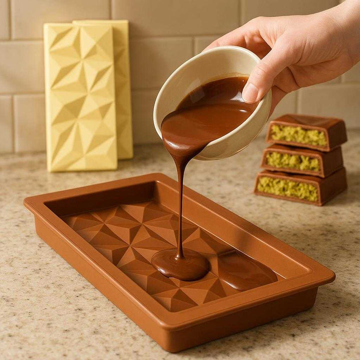 Chokolade silikone form - brun, mat, silikone, genanvendelig, fleksibel, let at rengøre, god kvalitet - 1/2/3 stk: A realistic kitchen countertop setting where the chocolate silicone mold is properly grounded on the counter, being actively used by a hand pouring melted chocolate into the mold, with natural lighting casting realistic shadows and showing clear contact points where the mold touches the countertop.