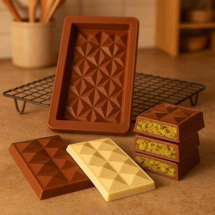 Chokolade silikone form - brun, mat, silikone, genanvendelig, fleksibel, let at rengøre, god kvalitet - 1/2/3 stk: A different realistic baking environment where the chocolate silicone mold is securely positioned on a cooling rack, with freshly molded chocolate bars in the foreground, highlighting the vibrant geometric shapes, with proper physics, shadows, and realistic integration into the warm kitchen ambiance.