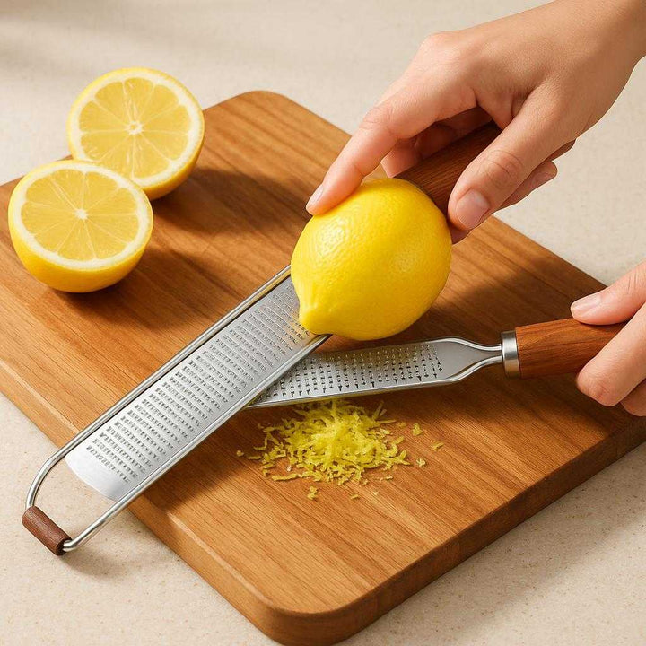 Citrus Zester i Rustfrit Stål og Træ - Præcis Rivning og Let Rengøring: A realistic kitchen countertop setting where the Citrus Zester in Stainless Steel and Wood is properly grounded on a sturdy wooden cutting board, being actively used by a person's hand to zest a fresh lemon.