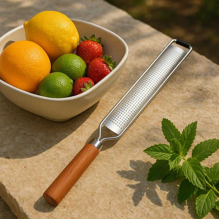 Citrus Zester i Rustfrit Stål og Træ - Præcis Rivning og Let Rengøring: A different realistic picnic setting where the Citrus Zester is securely positioned on a natural stone tabletop, placed alongside a bowl of fresh fruit and herbs.