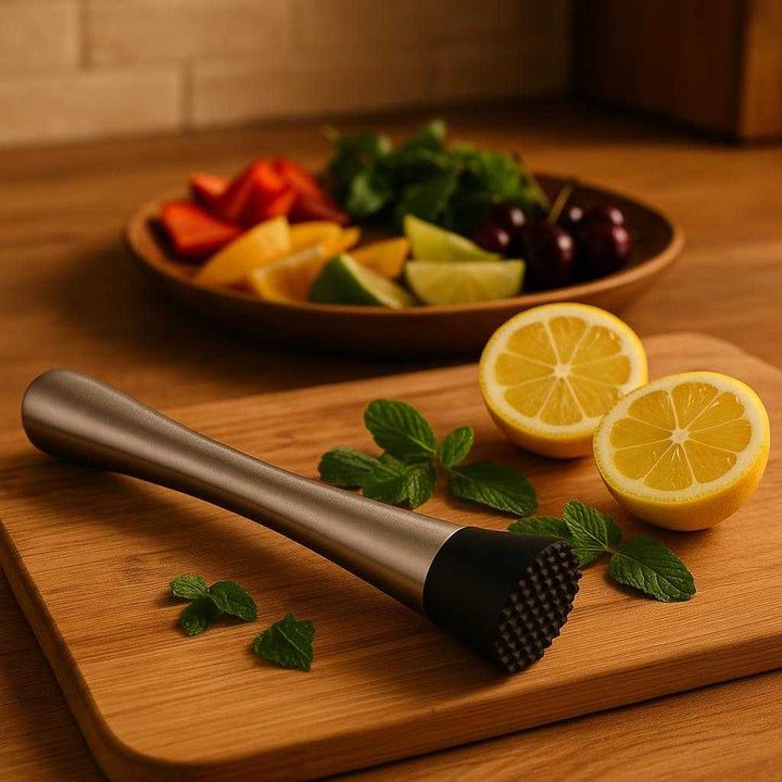 Cocktailpind i Rustfrit Stål - Genanvendelig og Stilfuld til Drinks og Appetizers, Tilgængelig i Sort og Sølv: A different realistic kitchen setting where the cocktail muddler is securely positioned on a cutting board, naturally placed next to a half-prepared garnish platter with various fruits and herbs.