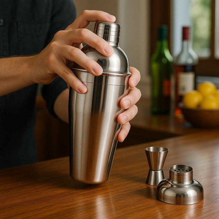 Cocktailshaker i Rustfrit Stål - Professionel 3-i-1 Shakersæt med Målebæger og Indbygget Si: A realistic home bar setting where the cocktail shaker set is properly grounded on a polished wooden counter, being actively used by a pair of hands to mix a vibrant cocktail.