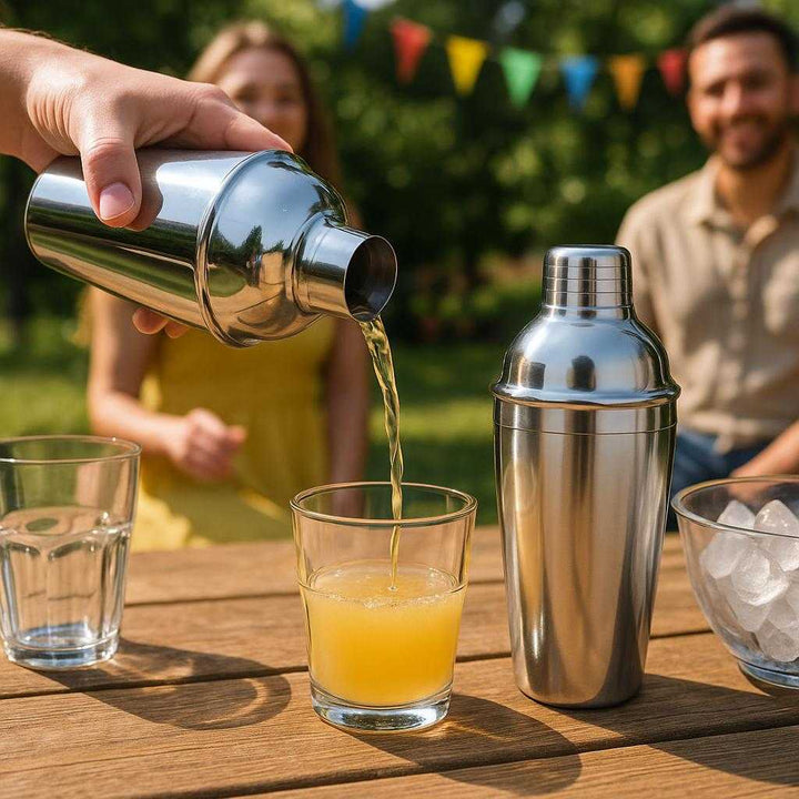 Cocktailshaker i Rustfrit Stål - Professionel 3-i-1 Shakersæt med Målebæger og Indbygget Si: A different realistic outdoor patio setting during a sunny afternoon party.
