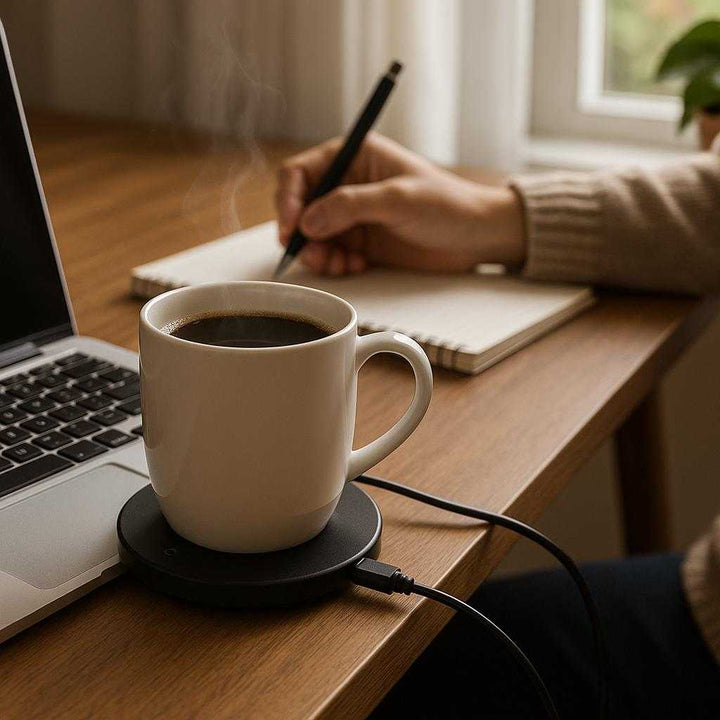 Coffee USB kopvarmer i sort plast - Moderne design til kontor og hjem, nem at bruge og USB-drevet: A realistic cozy home office setting where the Coffee USB warmer is properly grounded on a wooden desk, being used to keep a ceramic mug of steaming coffee warm.