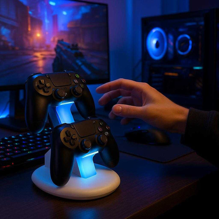 Controller oplader med LED til 2 controllere i hvid og sort - Avanceret design. In a modern gaming room, the white and black LED controller charger securely holds two game controllers, illuminating them with a subtle blue glow while a gamer reaches for one during an intense gaming session.
