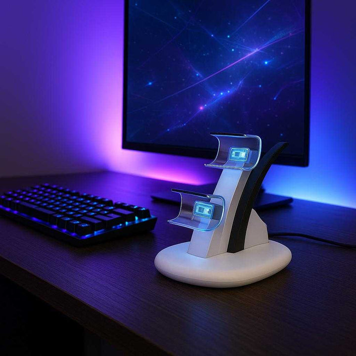 Controller oplader med LED til 2 controllere i hvid og sort - Avanceret design. The sleek controller charger sits elegantly on a minimalist desk setup, next to a high-tech gaming monitor and keyboard, with ambient LED lighting creating an immersive atmosphere.
