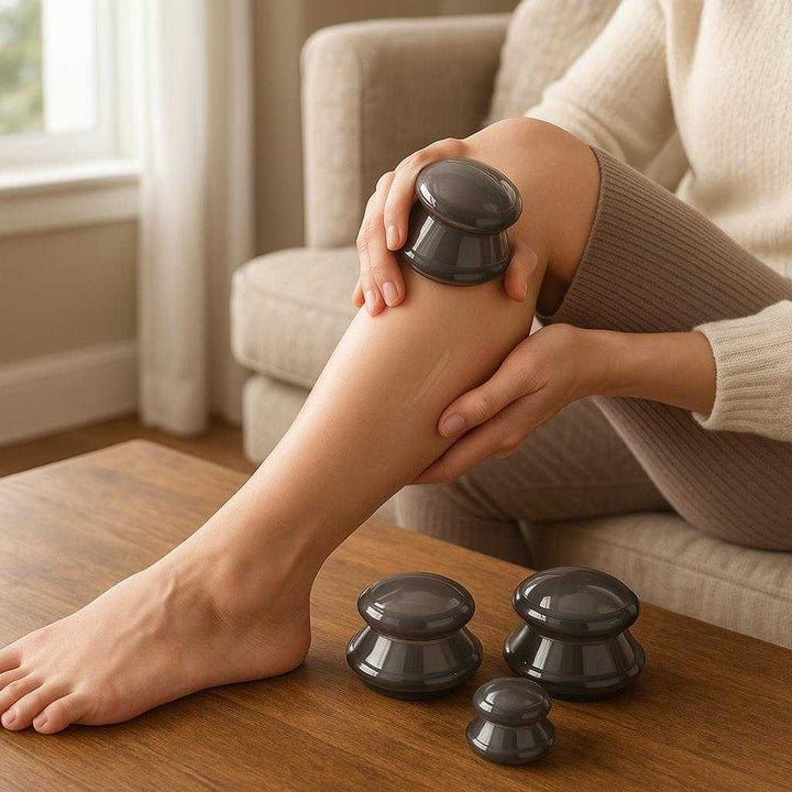 Cupping sæt i silikone - Forbedrer blodcirkulationen og lindrer muskelspændinger: A different realistic home setting in a cozy living room where the silicone cups are securely positioned on a wooden coffee table, with a person demonstrating self-care, using the cups on their leg.