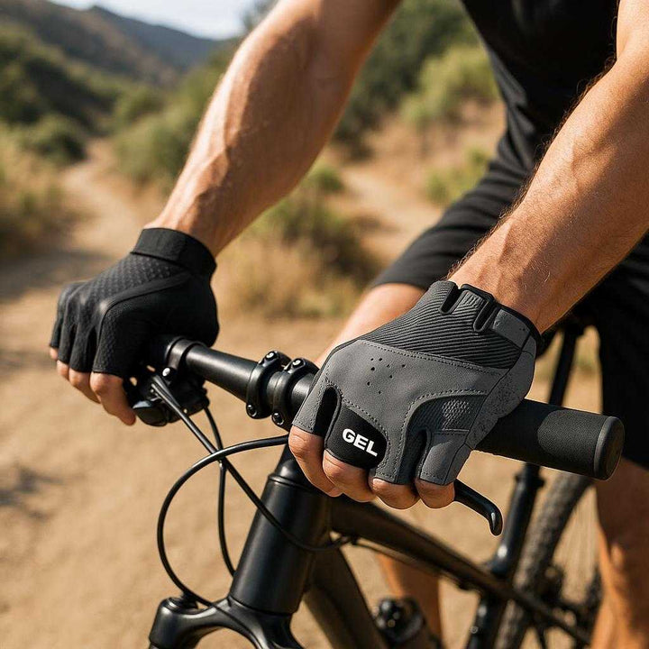 Cykelhandsker med Gelpuder - Sort og Grå - Åndbare, Komfortable Egnet til Sommer & Vinter: A realistic outdoor cycling setting on a sunlit mountain trail, where the gloves are properly grounded on the handlebars of a bicycle, being actively used by a cyclist.