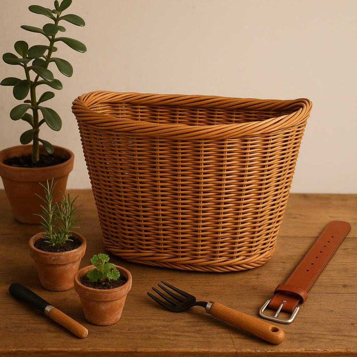 Cykelkurv i Flettet Rattan med Læderrem til Foran og Børn - Høj Kvalitet. The elegant rattan bicycle basket displayed on a wooden table, showcasing small plants and garden tools, evoking a serene home gardening setup.