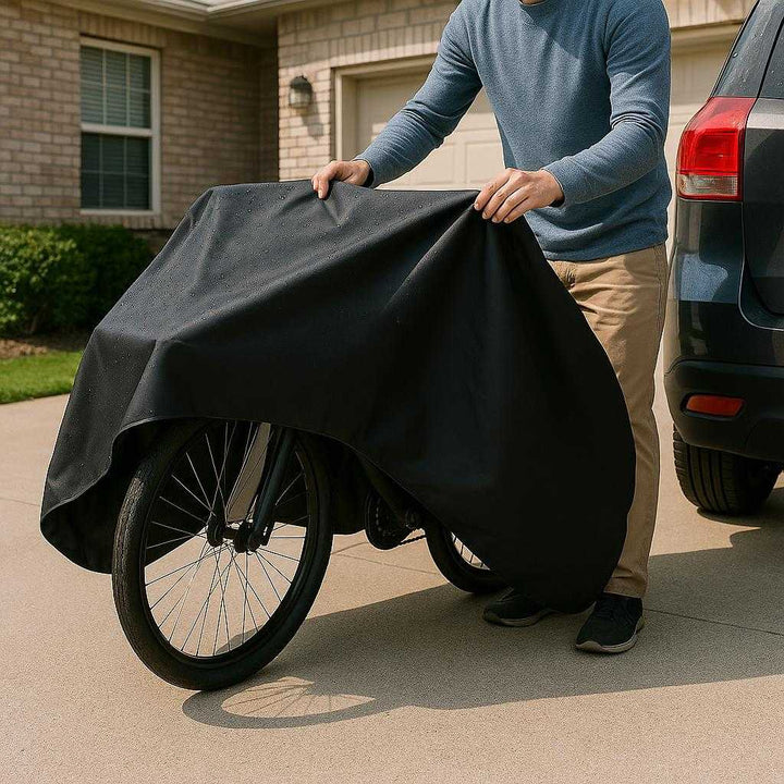 Cykelovertræk Sort - Vandafvisende Stof, Perfekt til Bil og Anhængertræk: A realistic suburban driveway where the black bike cover is properly grounded on the concrete ground, securely covering a bicycle parked near a car.