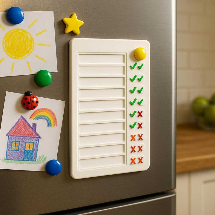 Daglig Visuel To-Do Liste til Børn med Skydeknapper - Høj Kvalitet og Pædagogisk Design: A different realistic kitchen setting where the to-do list is securely positioned on a refrigerator door, attached with magnets.