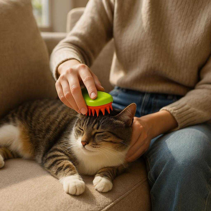 Dampbørste til Katte – Elektrisk Plejebørste med Varme og Massage, Gult Design: A realistic cozy living room setting where the dampbørste til katte is properly grounded on a soft, plush couch cushion, being actively used by a person gently brushing through the fur of a relaxed, content cat, with natural sunlight streaming in through a nearby window, casting soft, realistic shadows and showing clear contact points where the brush touches the cat's fur.