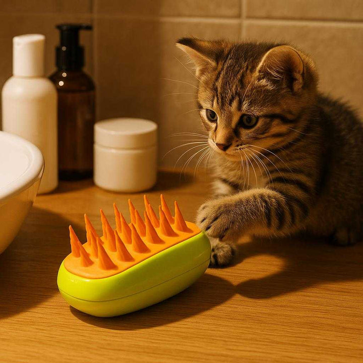 Dampbørste til Katte – Elektrisk Plejebørste med Varme og Massage, Gult Design: A different realistic bathroom setting where the dampbørste til katte is securely positioned on a wooden bathroom counter next to a small basin.