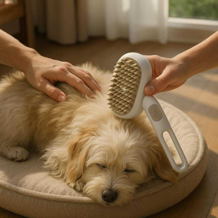 Dampbørste til kæledyr: Effektiv pelspleje og rengøring i hvid og beige: A realistic living room setting where the pet brush is properly grounded on a comfortable pet bed, being actively used by hands grooming a fluffy dog's coat, with natural lighting coming through a nearby window, casting realistic shadows and showing clear contact points where the brush touches the dog's fur.