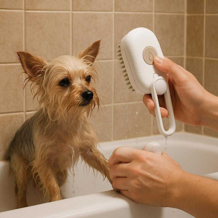 Dampbørste til kæledyr: Effektiv pelspleje og rengøring i hvid og beige: A different realistic bathroom setting where the pet brush is securely positioned on the edge of a bathtub, being used differently to rinse off a small dog's coat, with proper physics, shadows from a bright overhead light, and realistic integration into the environment, showing water droplets and the bathroom's tiled background.