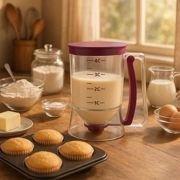 Dejdispenser med Præcis Dosering og Måleskala - 900 ml Professionel Høj Kvalitet i Gennemsigtig Plast med Lilla Detaljer. In a cozy home baking setting, the elegant dispenser stands prominently on a counter alongside various baking ingredients, with sunlight streaming through a window onto freshly baked cupcakes.