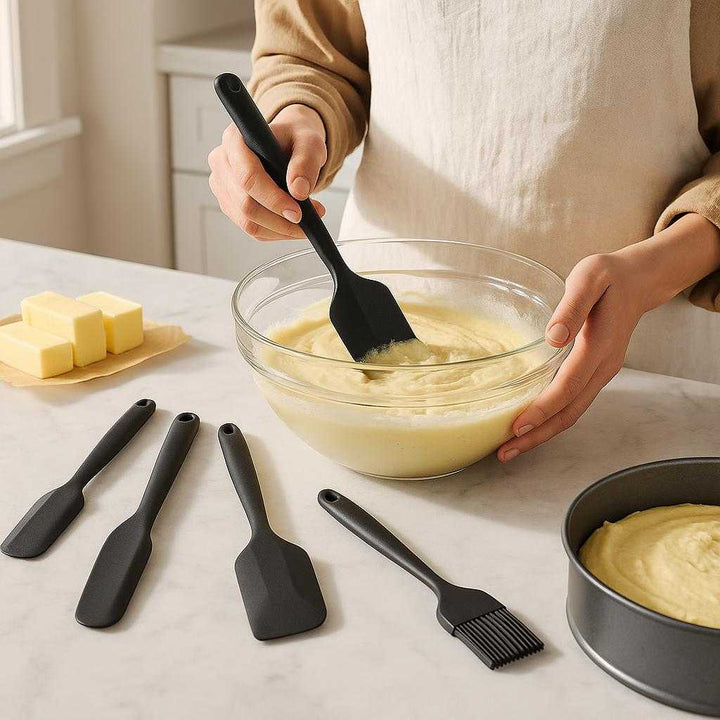 Dejskrabere Sæt i Silikone – Høj Kvalitet, 6 Varmeresistente Redskaber i Rød og Sort: A realistic modern kitchen setting where the silicone scraper set is properly grounded on a marble countertop, being actively used by a person baking a cake.