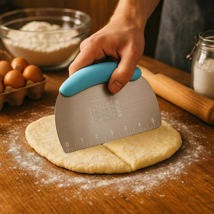 Dejskærer i Rustfrit Stål med Måleenheder og Farvet Greb - Høj Kvalitet og Ergonomisk Design. In a bustling kitchen, the stainless steel dough cutter with a colorful handle efficiently slices through fresh dough on a wooden countertop, with baking ingredients and utensils visible around.