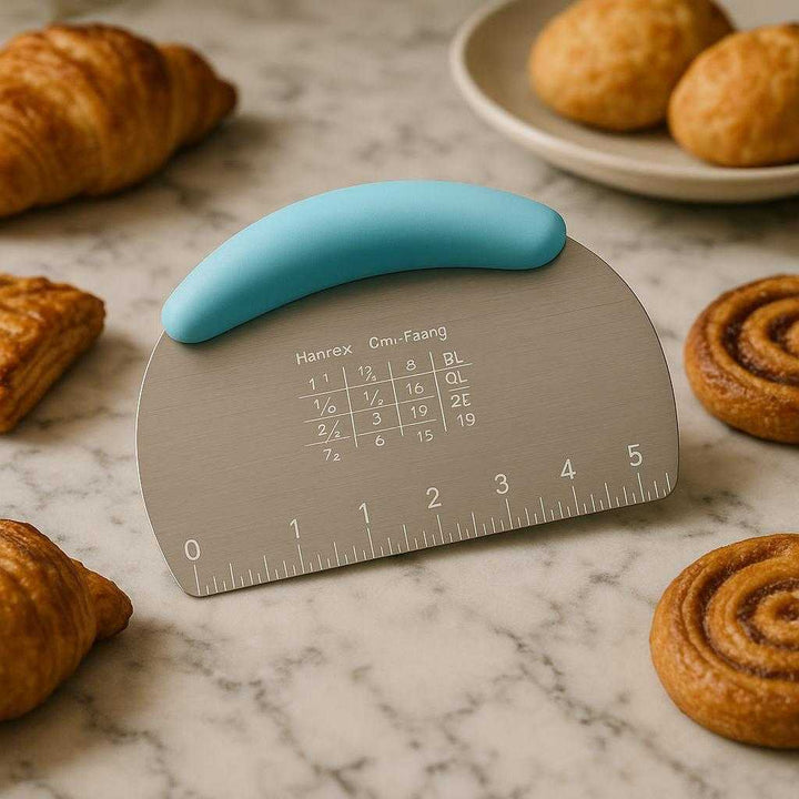 Dejskærer i Rustfrit Stål med Måleenheder og Farvet Greb - Høj Kvalitet og Ergonomisk Design. The ergonomic dough cutter sits elegantly on a marble kitchen island amidst a spread of freshly baked pastries, showcasing its precise measurement markings and vibrant handle.