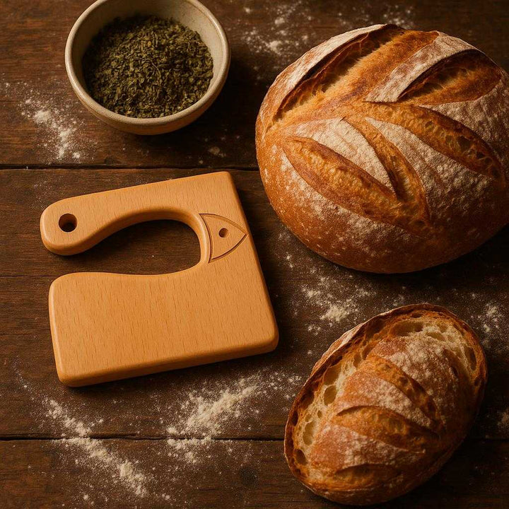 Dejskærerkniv i Træ til Præcis Dejopdeling - Høj Kvalitet og Holdbarhed til Effektiv Bagning. A cozy baking scene with the wooden dough cutter placed artistically beside a freshly baked loaf of bread and a bowl of herbs on a rustic wooden table.
