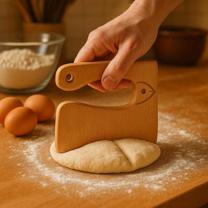 Dejskærerkniv i Træ til Præcis Dejopdeling - Høj Kvalitet og Holdbarhed til Effektiv Bagning. In a warmly lit kitchen, the wooden dough cutter is being used to precisely divide dough on a lightly floured countertop, with fresh ingredients like eggs and flour surrounding the scene.