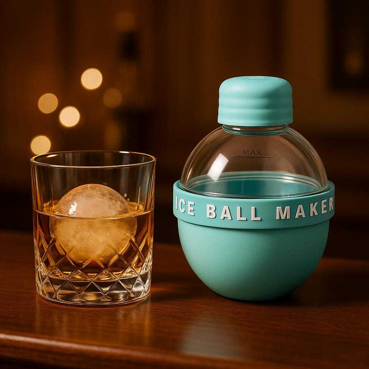 Dekorationer med Is Skulpturer - Elegant Interiør i Blå, Gul, Lilla, Lyserød. An elegant home bar setting with the ice ball maker displaying perfectly round ice spheres in a crystal glass of whiskey, with a background of soft ambient lighting.