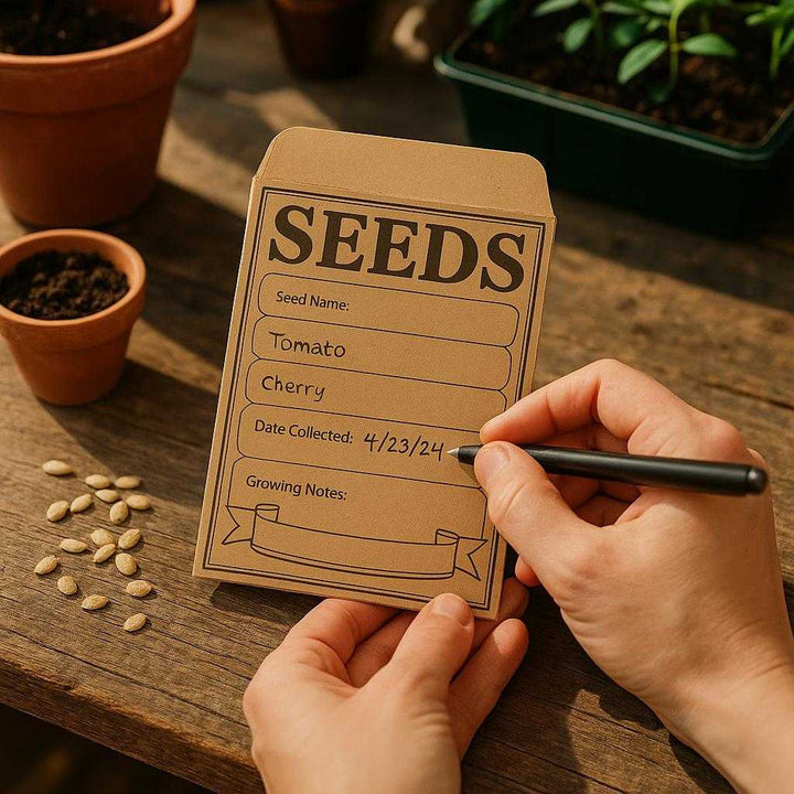 Design Frøopbevaringsmappe i Klassisk Stil - Brun, Gul og Hvid, Genanvendeligt Papir: A realistic home gardening setting where the product is properly grounded on a rustic wooden table, being actively used by a person's hands to sort seeds for planting, with natural lighting casting realistic shadows and showing clear contact points where the product rests on the table.