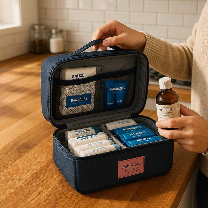 Design Førstehjælpsmappe - Gul, Rød, Grå, Lyserød - Slidstærkt Tekstil: A realistic kitchen setting where the first aid kit is properly grounded on a wooden kitchen counter, being accessed with one hand while the other hand holds a bottle of antiseptic.