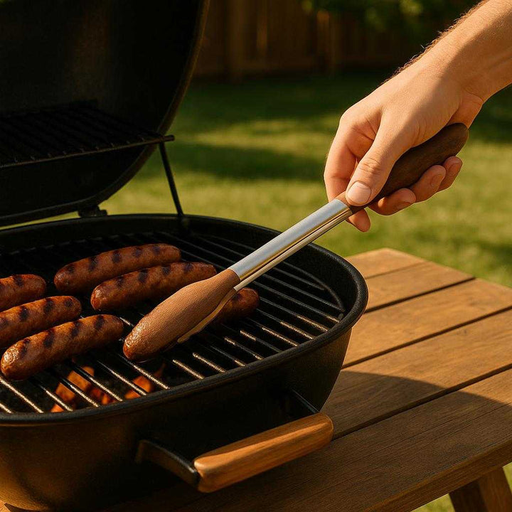 Design Grilltang i Rustfrit Stål & Valnøddetræ - Perfekt til Grill: A realistic backyard barbecue setting where the grill tongs are properly grounded on a wooden picnic table, being actively used by a person's hand to flip sausages on a warmly lit grill.