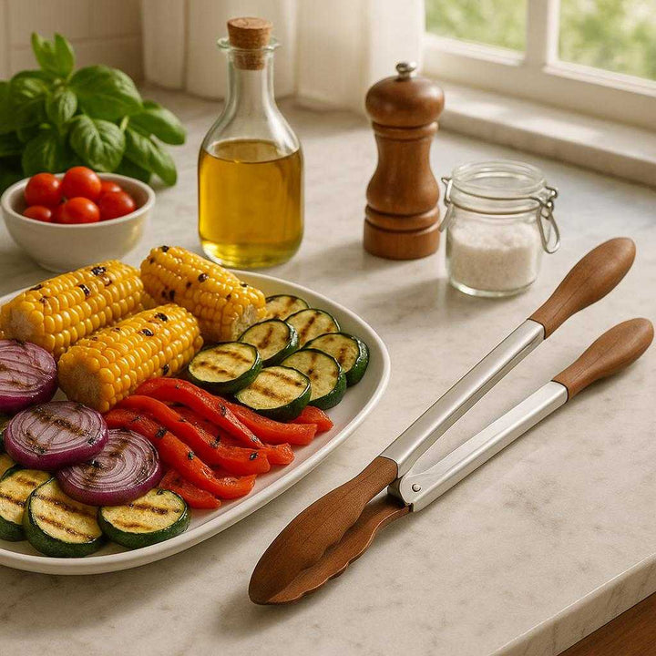Design Grilltang i Rustfrit Stål & Valnøddetræ - Perfekt til Grill: A different realistic kitchen setting where the grill tongs are securely positioned on a marble countertop next to a platter of freshly grilled vegetables, naturally placed.