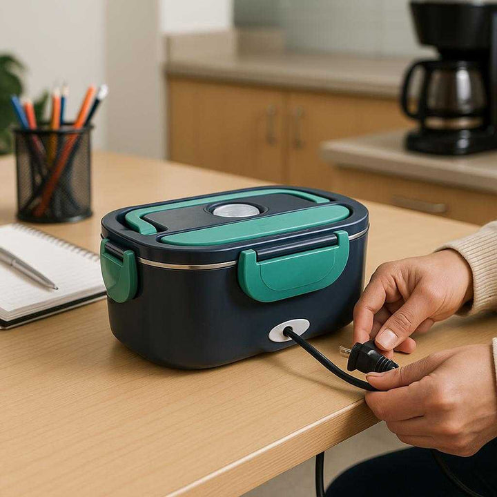 Design Madkasse med Elektrisk Varmefunktion - Mørkeblå, Turkis, Plast: A realistic office break room setting where the product is properly grounded on a communal table, being actively used by a person who is plugging it in to warm their lunch.