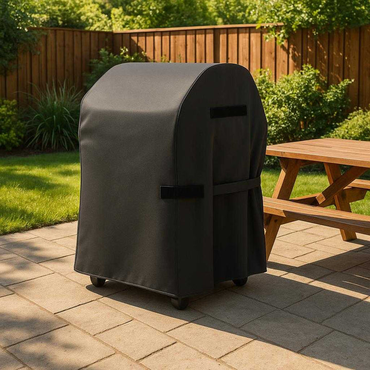 Design Overtræk til Grill - Sort, Polyester, Vandtæt og Slidstærkt Beskyttelse: A realistic backyard setting where the grill cover is properly grounded on a large patio, covering an outdoor grill.