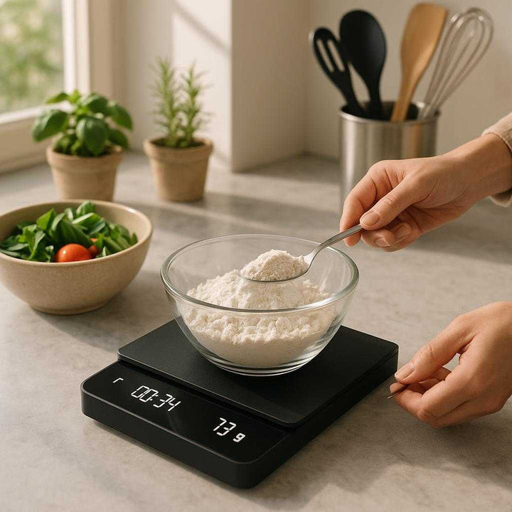Digital køkkenvægt med høj præcision - Tilgængelig i hvid og sort: A modern and sleek kitchen setting, where the digital kitchen scale in black is placed on a marble countertop beside a bowl of fresh ingredients.