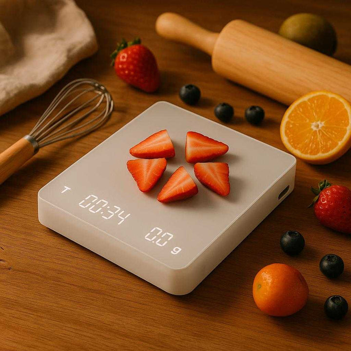 Digital køkkenvægt med høj præcision - Tilgængelig i hvid og sort: A minimalist home baking workshop, where the white digital kitchen scale is utilized to weigh fruit slices on a wooden table.