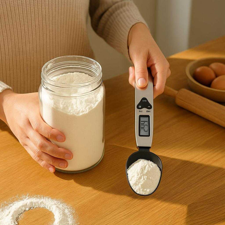 Digital Måleske i Rustfrit Stål til Præcis Vægtmåling af Mad og Foder - Høj Kvalitet og Nøjagtighed: A realistic kitchen setting where the digital måleske in rustfrit stål is properly grounded on a wooden kitchen counter, being actively used by a person measuring flour from a jar for baking.