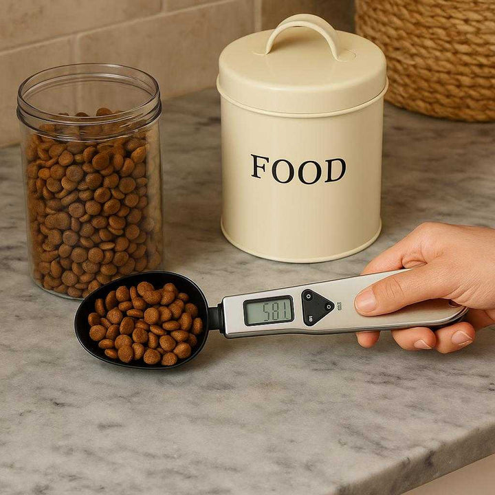 Digital Måleske i Rustfrit Stål til Præcis Vægtmåling af Mad og Foder - Høj Kvalitet og Nøjagtighed: A different realistic pet feeding area where the digital måleske in rustfrit stål is securely positioned on a marble countertop next to pet food containers.