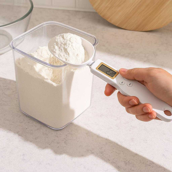 Digital Måleske med Præcision - Avanceret Køkkenredskab til Nøjagtig Vejning af Ingredienser: A realistic kitchen setting where the digital measuring spoon is properly grounded on a marble countertop, being actively used by a person to measure flour from a container for baking.