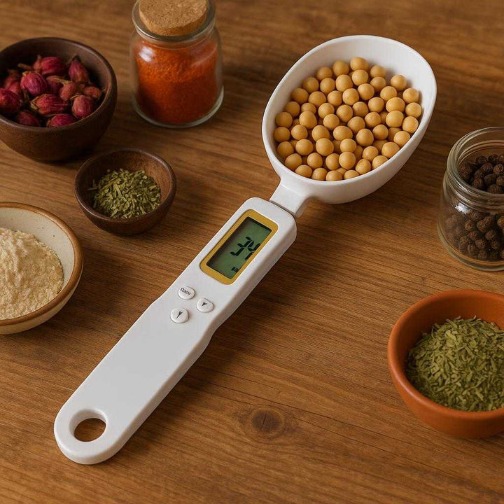 Digital Måleske med Præcision - Avanceret Køkkenredskab til Nøjagtig Vejning af Ingredienser: A different realistic setting in a home kitchen where the digital measuring spoon is securely positioned on a wooden kitchen table, placed naturally next to various ingredients like spices and herbs for a cooking setup.
