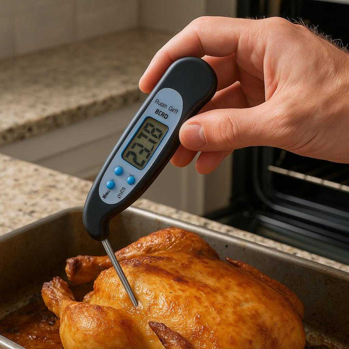 Digitalt Madtermometer – Nøjagtig Temperaturmåling til Madlavning, Grill og Bagning: A realistic kitchen setting where the digital meat thermometer is properly grounded on a granite countertop, being actively used by a hand measuring the temperature of a roasted chicken coming out of the oven, with natural lighting casting realistic shadows and showing clear contact points where the thermometer touches the surface of the chicken.
