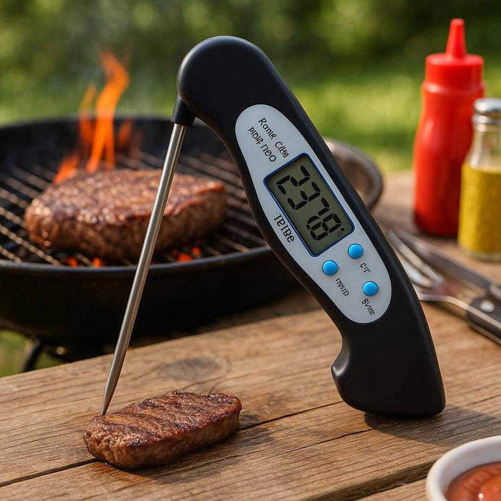 Digitalt Madtermometer – Nøjagtig Temperaturmåling til Madlavning, Grill og Bagning: A different realistic outdoor BBQ setting where the digital meat thermometer is securely positioned on a wooden picnic table, being used to check the temperature of a sizzling steak on a grill, with proper physics, shadows, and realistic integration into the environment, showing utensils and condiments around, enhancing the cooking atmosphere.