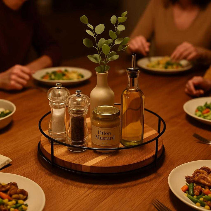 Drejefad i træ med 360° rotation - Moderne serveringsbakke til køkken og spisebord: A different realistic dining table setting where the product is securely positioned at the center of a wooden dining table during a family meal.