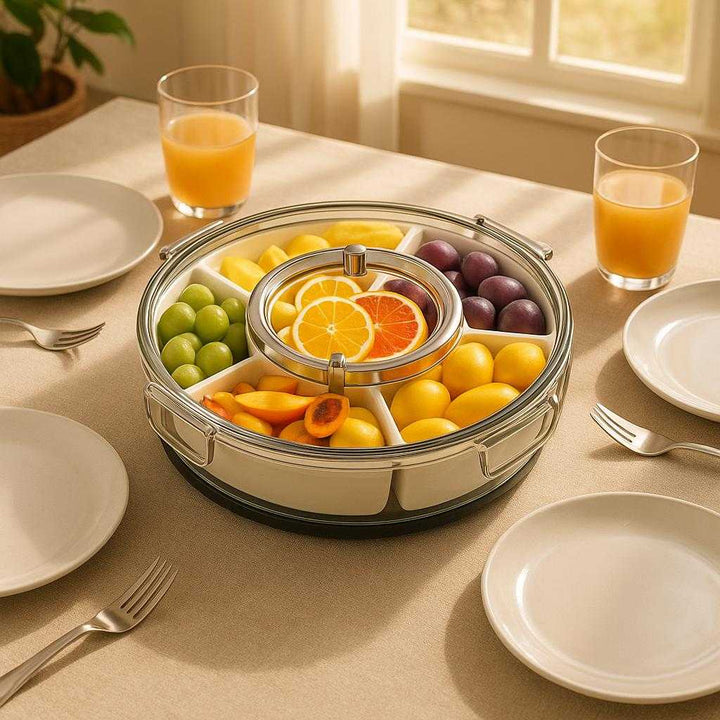 Drejeskål med 6 rum og låg – Rund serveringsskål til snacks, Funktionelt Design i Moderne Stil. The modern-designed serving bowl is elegantly placed on a dining table set for a casual brunch, surrounded by plates and glasses, with sunlight streaming through a nearby window.