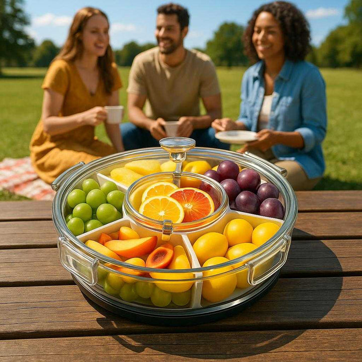Drejeskål med 6 rum og låg – Rund serveringsskål til snacks, Funktionelt Design i Moderne Stil. The round serving bowl with six compartments is displayed on a wooden picnic table, filled with an assortment of colorful fruits, with people enjoying a picnic in the background beneath a clear blue sky.
