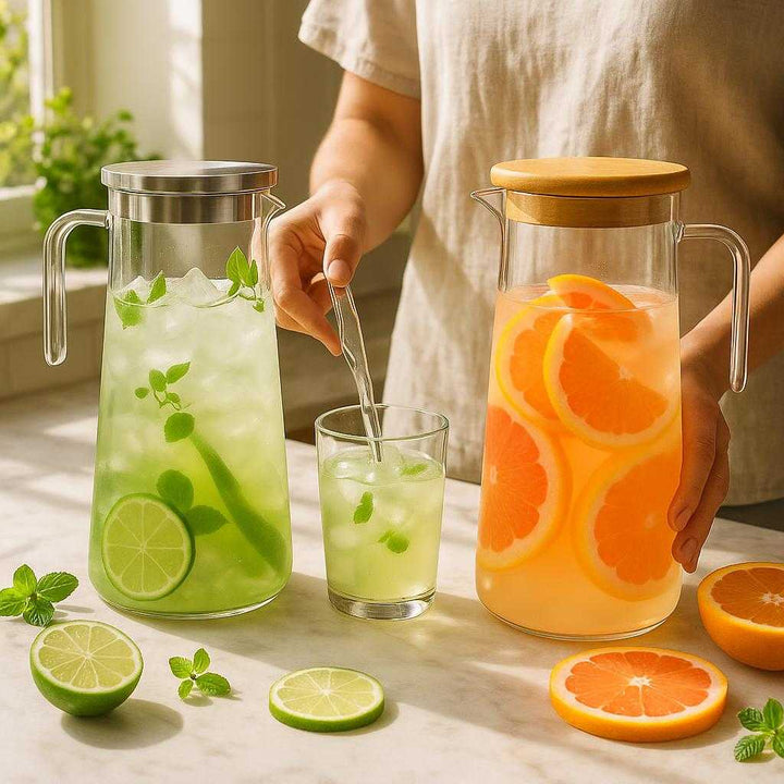 Drikke køletub i glas og rustfrit stål med trædetaljer, æstetisk og holdbar: A realistic kitchen countertop setting where the drinking cooler tubes are properly grounded on a marble surface, being actively used by a person preparing a fresh summer drink, with natural sunlight streaming through a window creating realistic shadows and clear contact points where the bases of the coolers touch the surface.